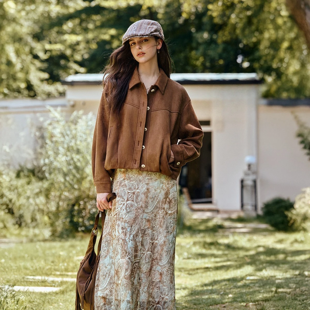 Kurtka damska OLrain, vintage, luźna, brązowa, zamszowa, krótka, wiosna 2026, codzienna, jednolita, z długim rękawem, odzież wierzchnia damska GO57QW000921