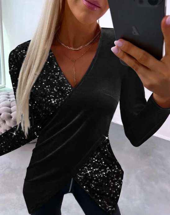 Blouse for Women Summer Sexy V-Neck Colorblock Velvet Irregular Sequins Splicing Long-Sleeve T-Shirt Cross Women Pullover