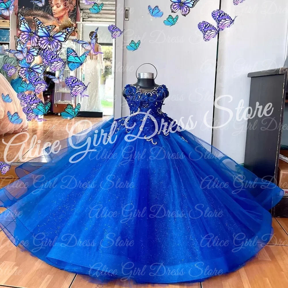 فستان فتاة الزهور باللون الأزرق الملكي مخصص مع فيونكة دانتيل مزين بحفلات أعياد الميلاد وحفلات التخرج وحفلات الزفاف