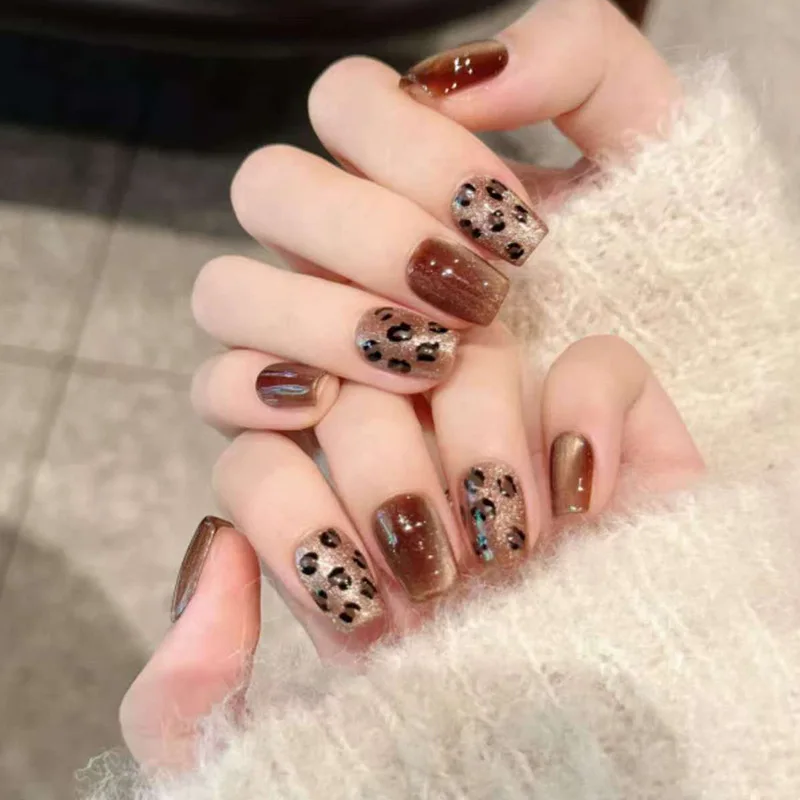 24 pçs cabeça quadrada de comprimento médio capa completa unhas dicas leopardo impressão francês unhas falsas pó brilhante destacável imprensa em unhas falsas