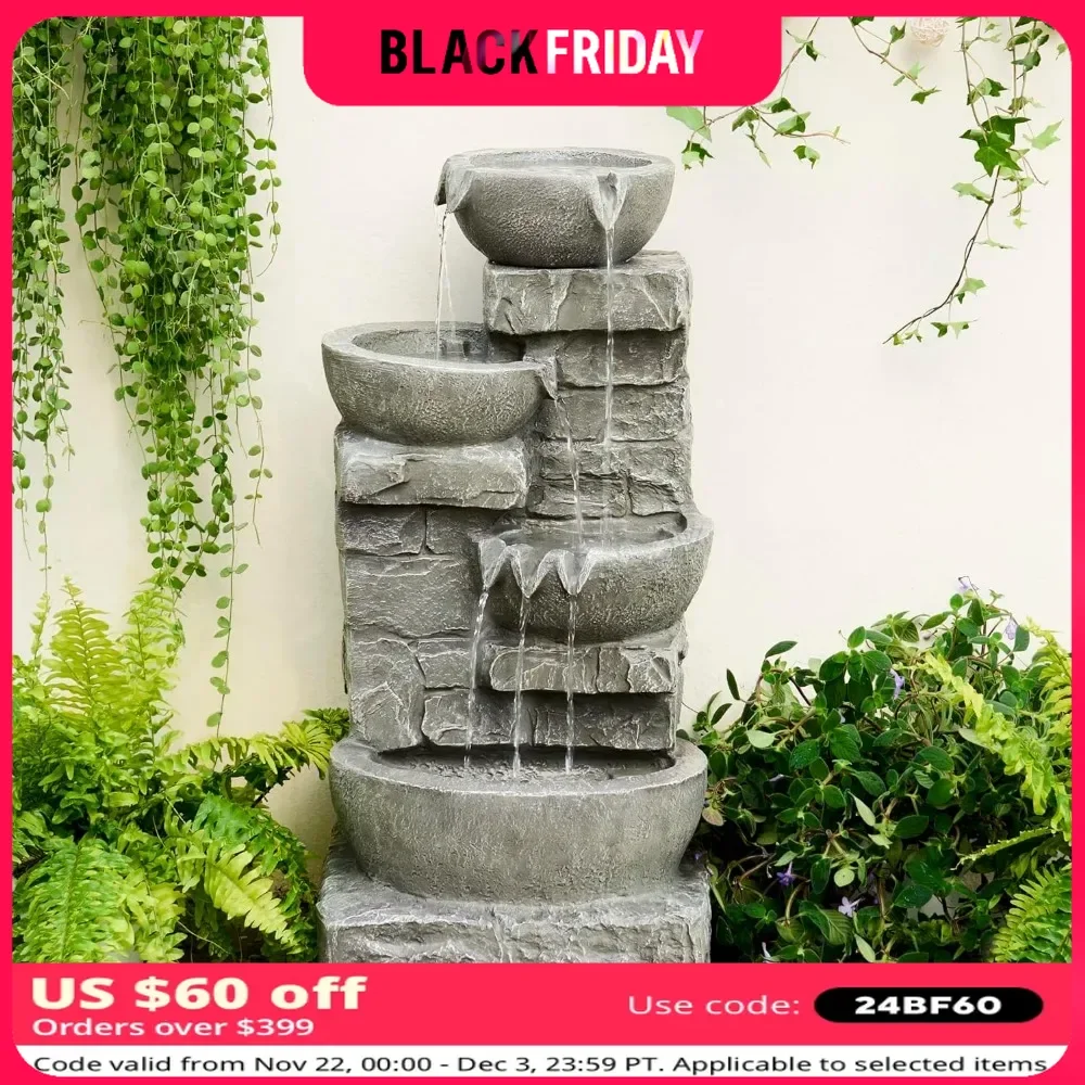 LED Outdoor Water Fountain, Cascading Bowls and Stacked Stones, for Gardens, Landscaping, Outdoor Fountain