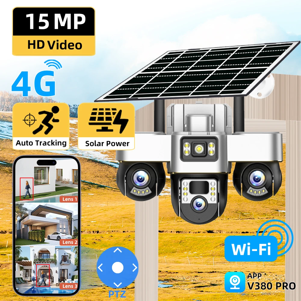 V380 PRO 6K 15MP 3 Lente 3 Tela Solar 4G Câmera CCTV Externa IP66 À Prova D 'Água Visão Noturna Vigilância de Segurança