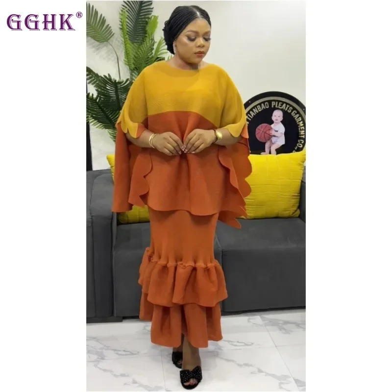 GGHK Fashion Women 2-piece Round Neck Ruffle Irregular Top High Waist Splicing Skirt 2025 Spring Summer New Female Elegant Set