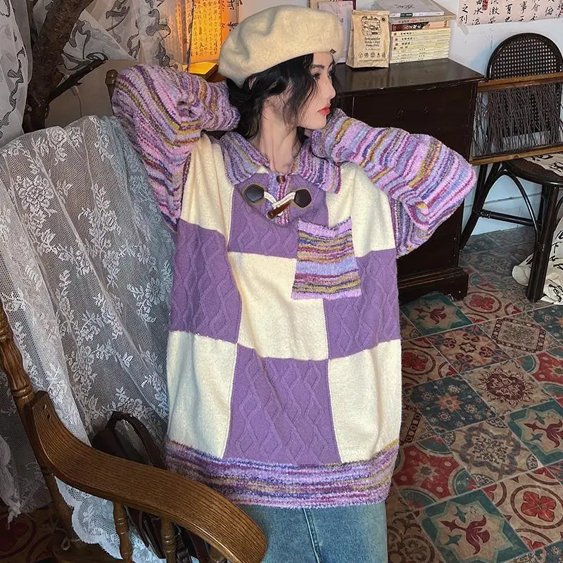 YYAHAHAS 레트로 패치워크 배색 체크 스웨터 (2025년 가을 여성용) 일본 레이지 스타일 니트 풀오버
