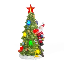 LED Light Resin Christmas Tree with Santa Claus, Christmas Village Decorations Indoor Home Tabletop Fireplace Shelf Ornaments