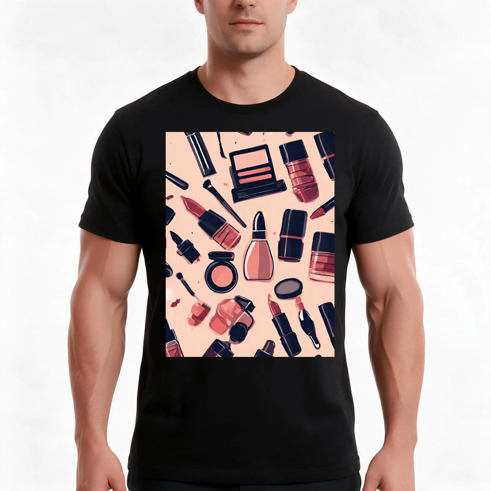 Makeup Pattern T-Shirt, Summer Casual Cotton Tee, Oversized Streetwear Tops, Vintage Graphic Print, Loose Fit Short Sleeve