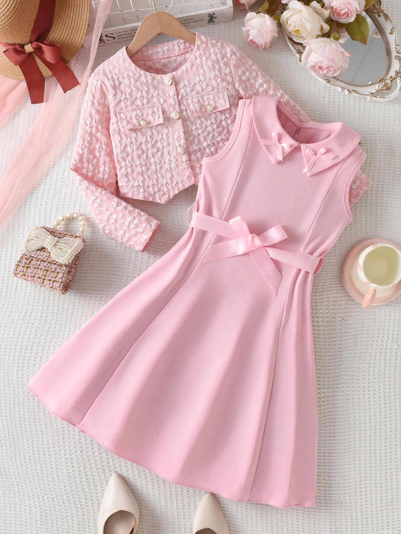 Girl Dress Suits Elegant Formal Party Wedding Outfit Teenager Girls Clothes Set Bow Dress and Jacket Coat Kids Children Boutique