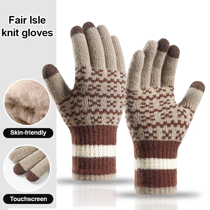 Winter Knitted Unisex Gloves Fair Isle Autumn Touchscreen Fleece Lined Thermal Thick Nordic Jacquard Walking Daily Wear Gloves