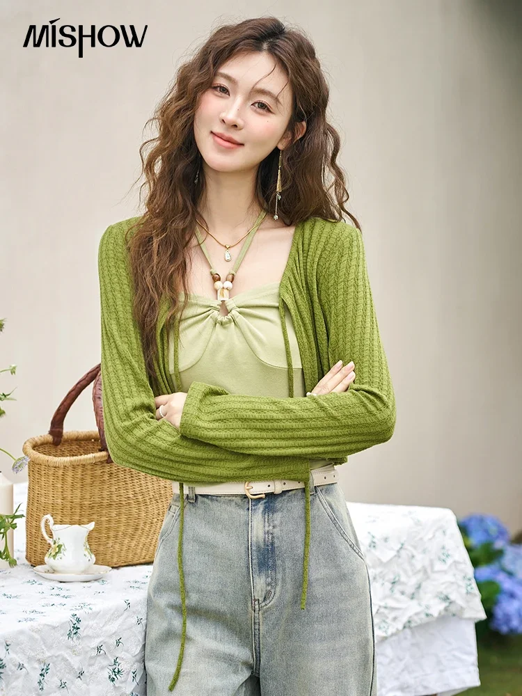 MISHOW Knitted Two-piece Set for Women 2024 Spring Solid Retro Sweet Lace Up Vest Paired with Long-sleeved Cardigan MXD12Z0534