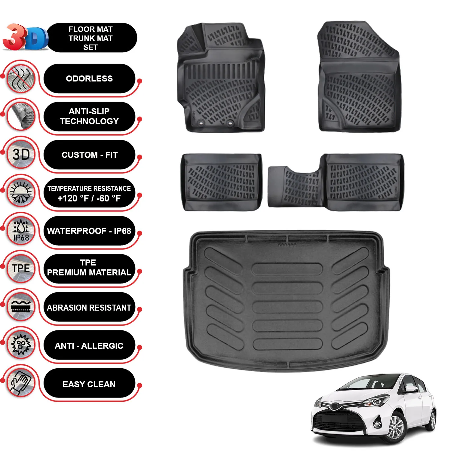 Toyota Yaris - (2013-2020) - Floor Mats + Cargo Trunk Liner - SET - (Black)