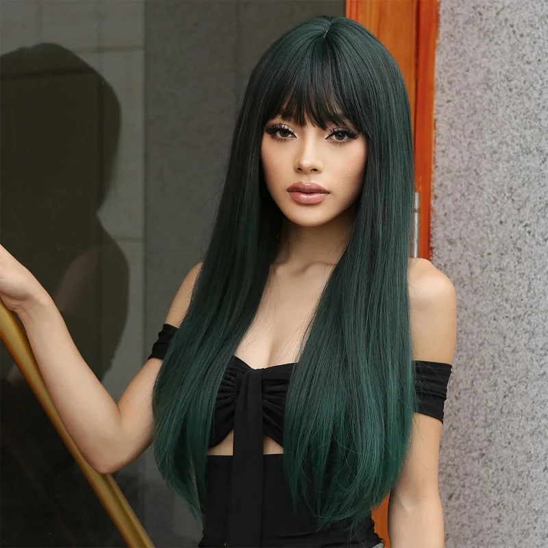 Long Straight Dark Green Synthetic Wigs with Bangs for Women Afro Halloween Green Cosplay Hair Natural Wig Daily Heat Resistant