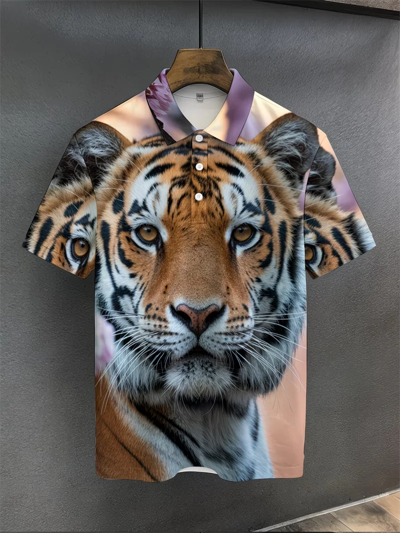 Men's Fashion Casual Polo Shirts 3D White Orange Tiger Print Short Sleeve Animal Graphic Top Cheap Clothes