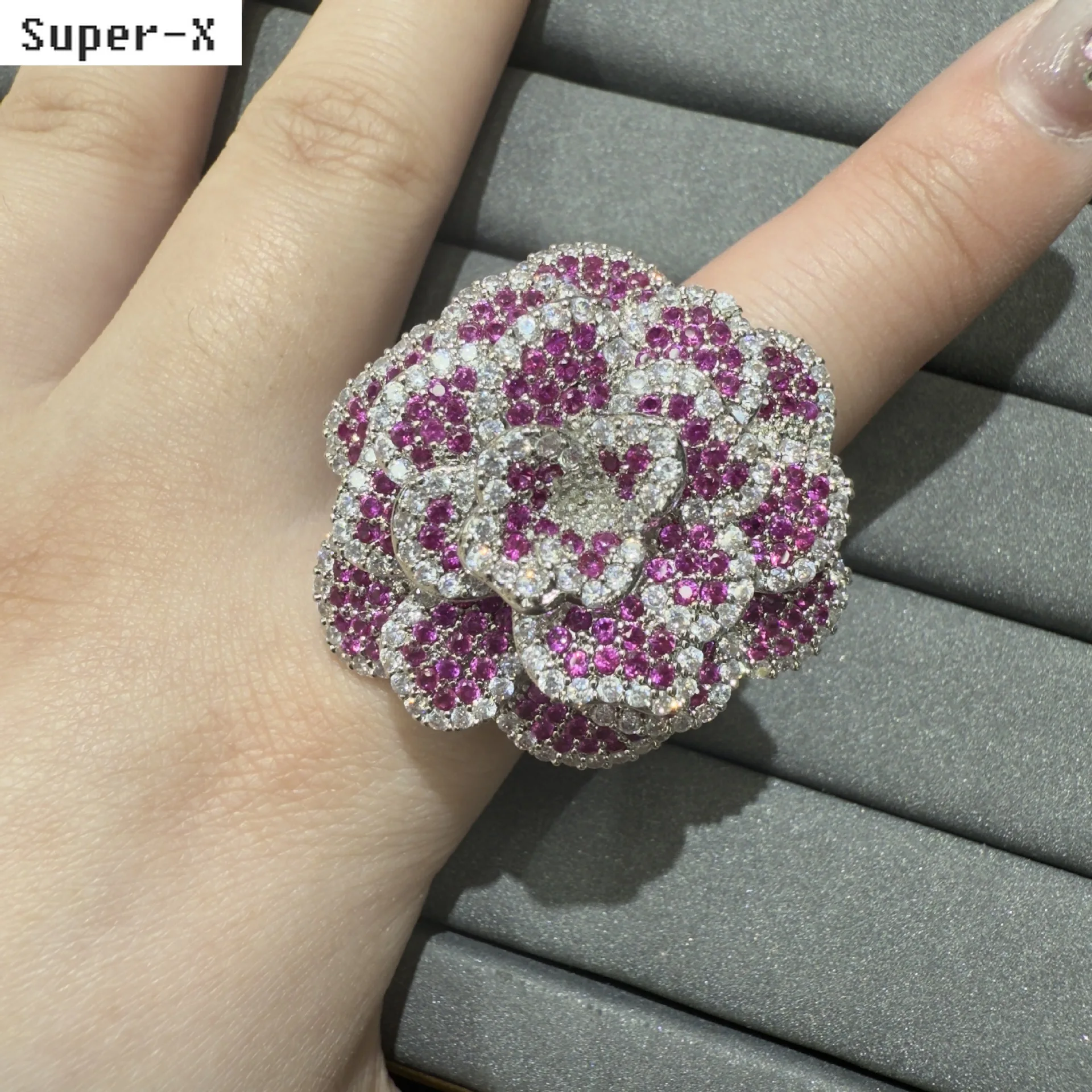 Gorgeous cubic zirconia ring for women luxury jewelry gala event wedding dinner party adjustable ring large flower multicolor