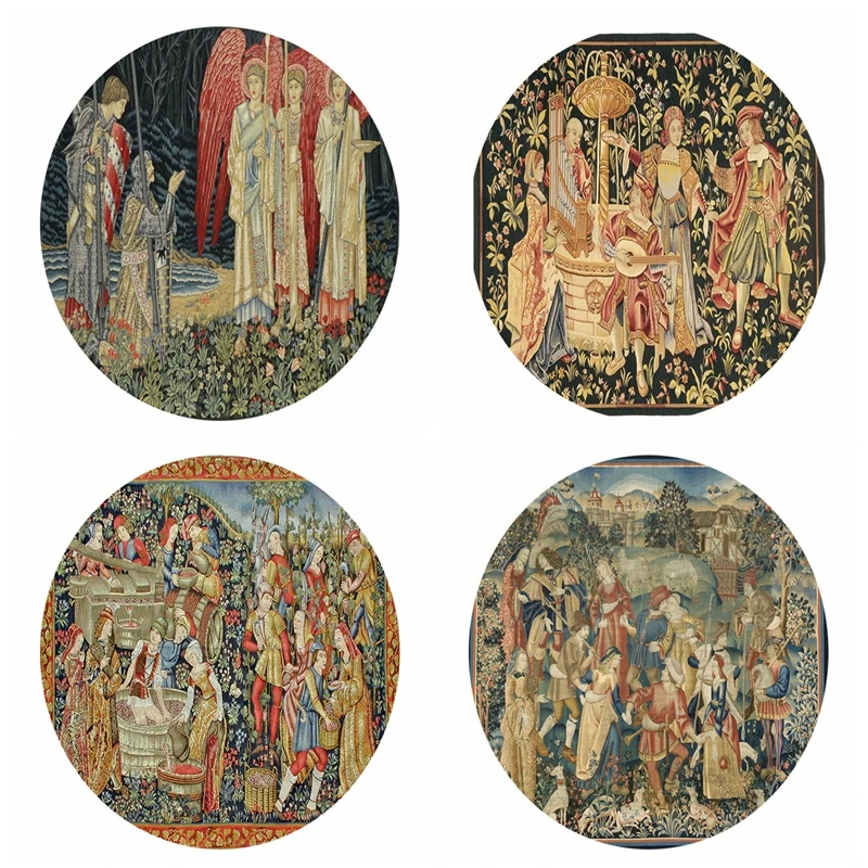 Medieval Mille Fleurs Style Wine Bumper Harvest Shepherds In Round Dance Pastoral Circle Flannel Floor Rugs By Ho Me Lili