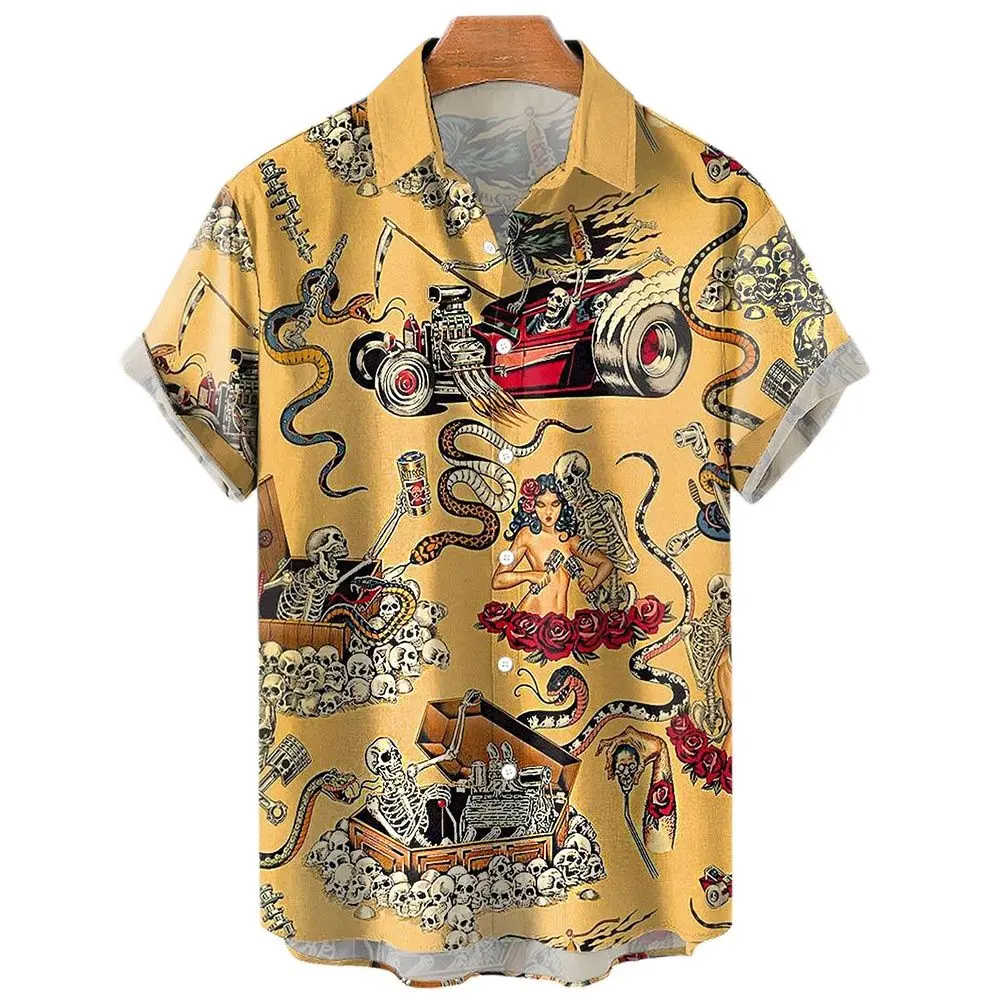 Men\'s Shirt Sailing Skull Print Shirts Hawaiian Fashion Casual Rock Print Plus Size Tops 2023 New Beach Men\'s Clothing Shirt