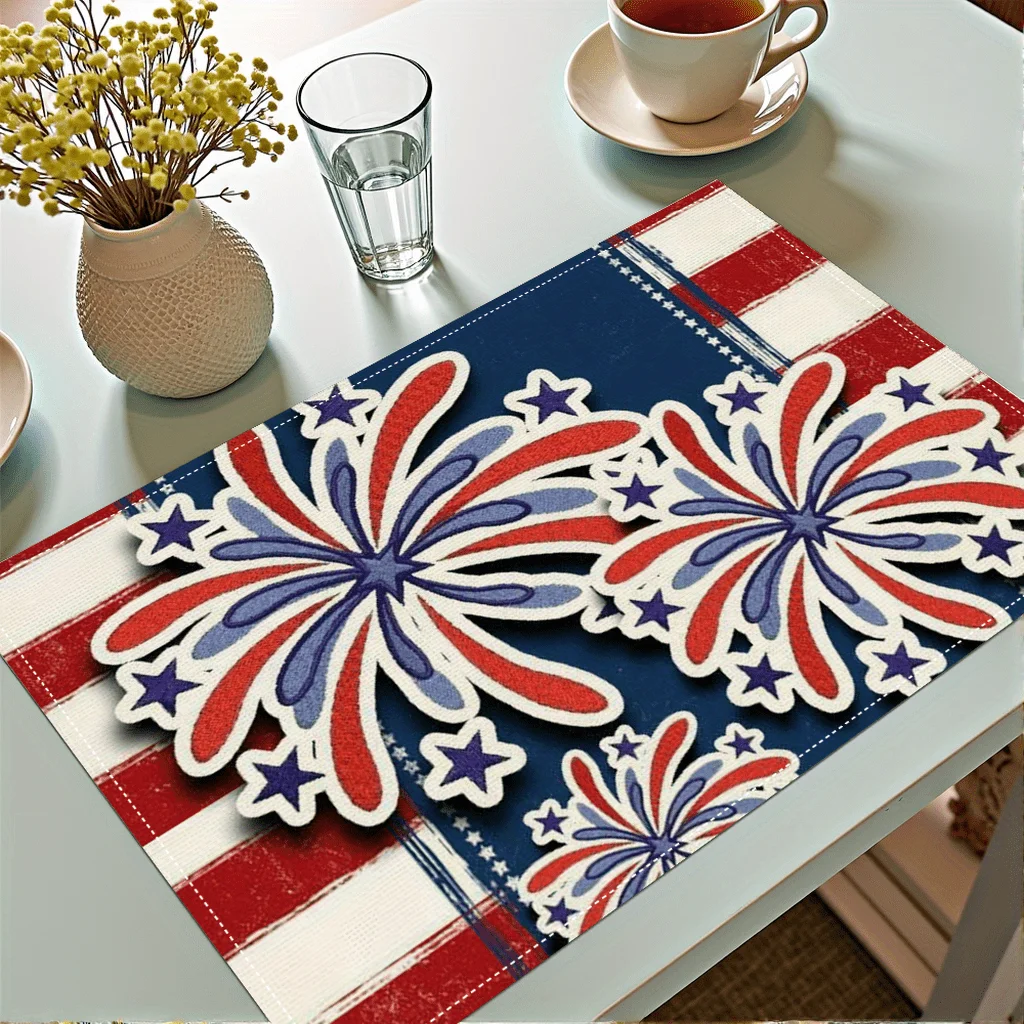 Set of 4 American Flag Placemats with Star Flower Texture on Placemat Background for Kitchen and Home Party Decoration