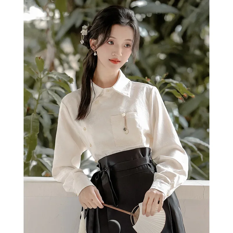 Novedad elegante Mamianqun primavera otoño Hanfu mejorado ropa tradicional china camisa de manga larga falda con cara de caballo estampada