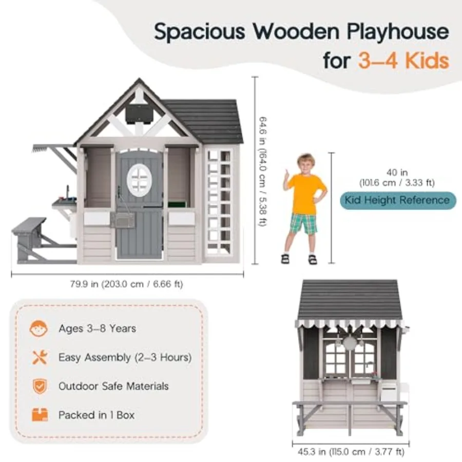 Outdoor wooden playhouse for kids aged 3-8: natural wood finish, beige and green accents, includes kitchen, bench, chalkboard,