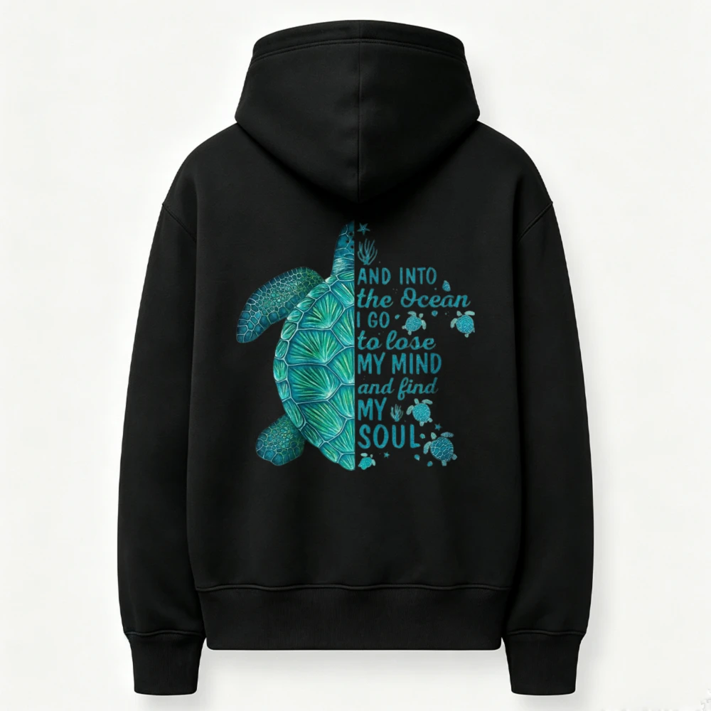 Sea Turtle and Into The Ocean I Go Quote Graphic Hoodie Ocean Wildlife Text Print Sweatshirt Beach Vacation Coastal Casual Tops