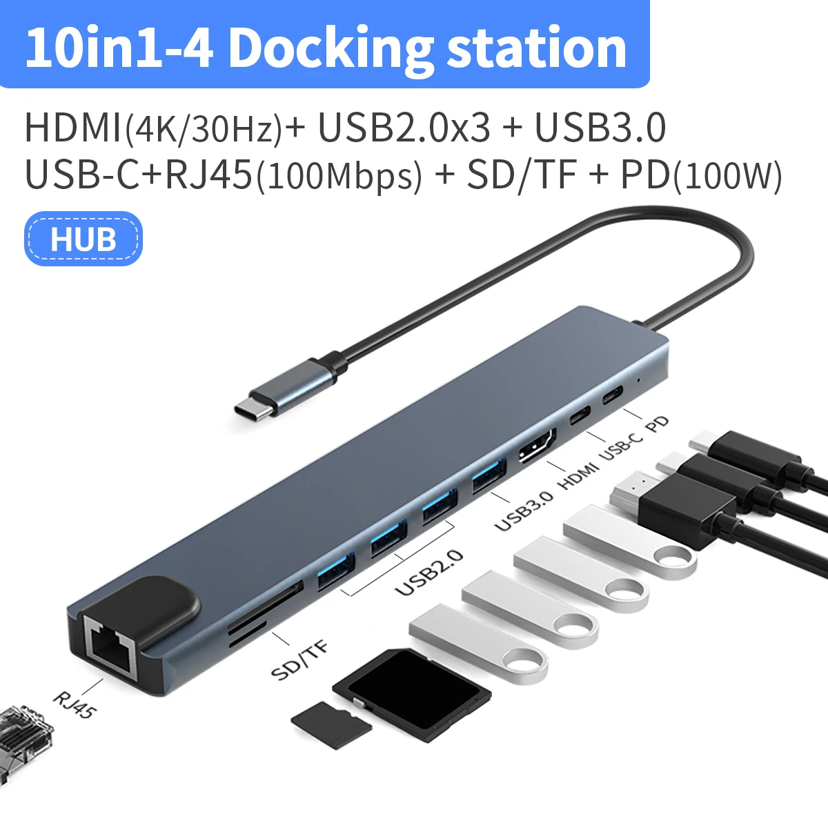 10 In 1 USB-C Docking Station，Aluminum Shell Type-C HUB With 4K HDMI+PD 100W+USB 2.0*3 + USB 3.0+SD+TF+RJ45 For Laptop，IPhone