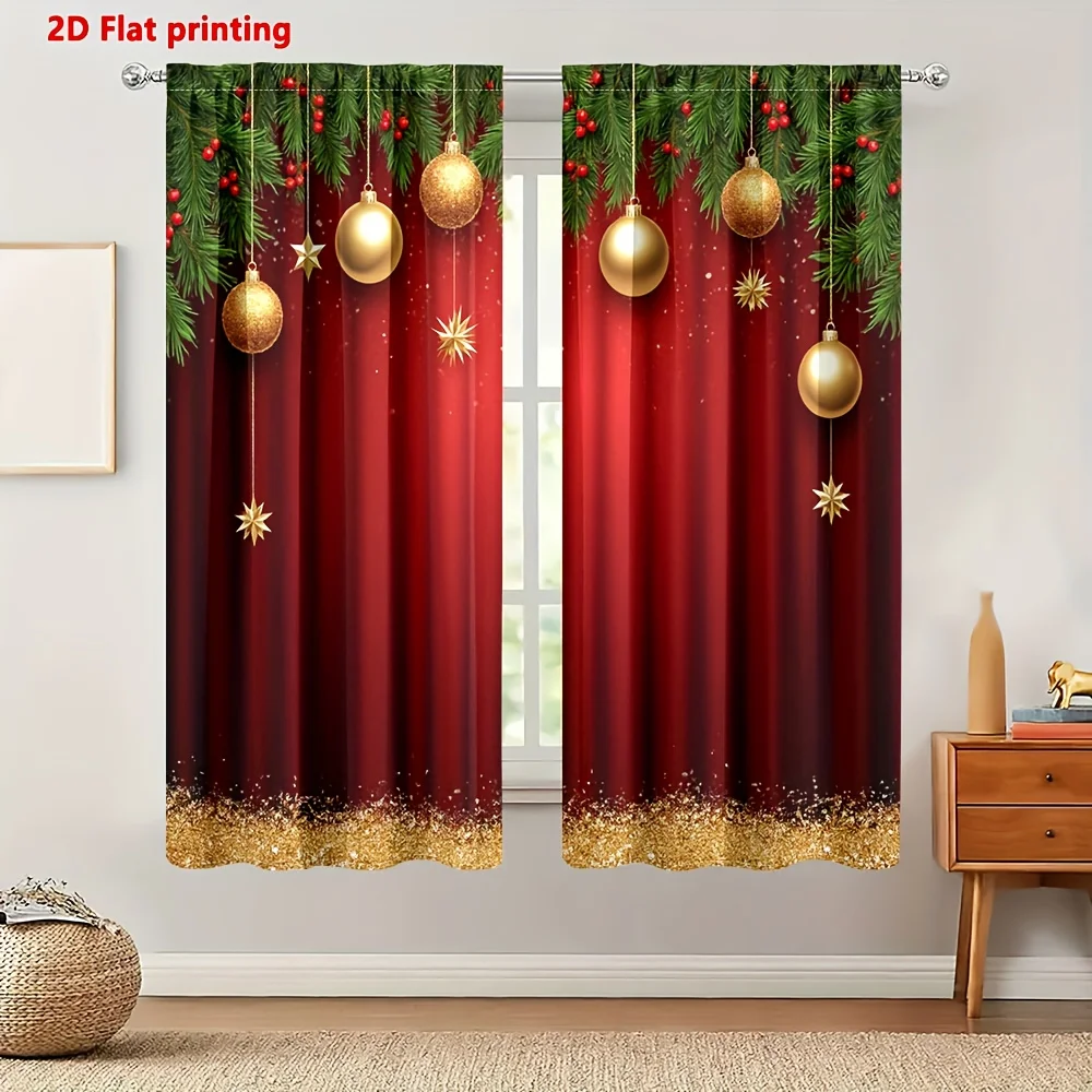 2pcs Red Golden Christmas Curtains with Pine Leaves Snowflakes, Semi-Transparent Polyester Rod Pocket for Multi-Room Decor