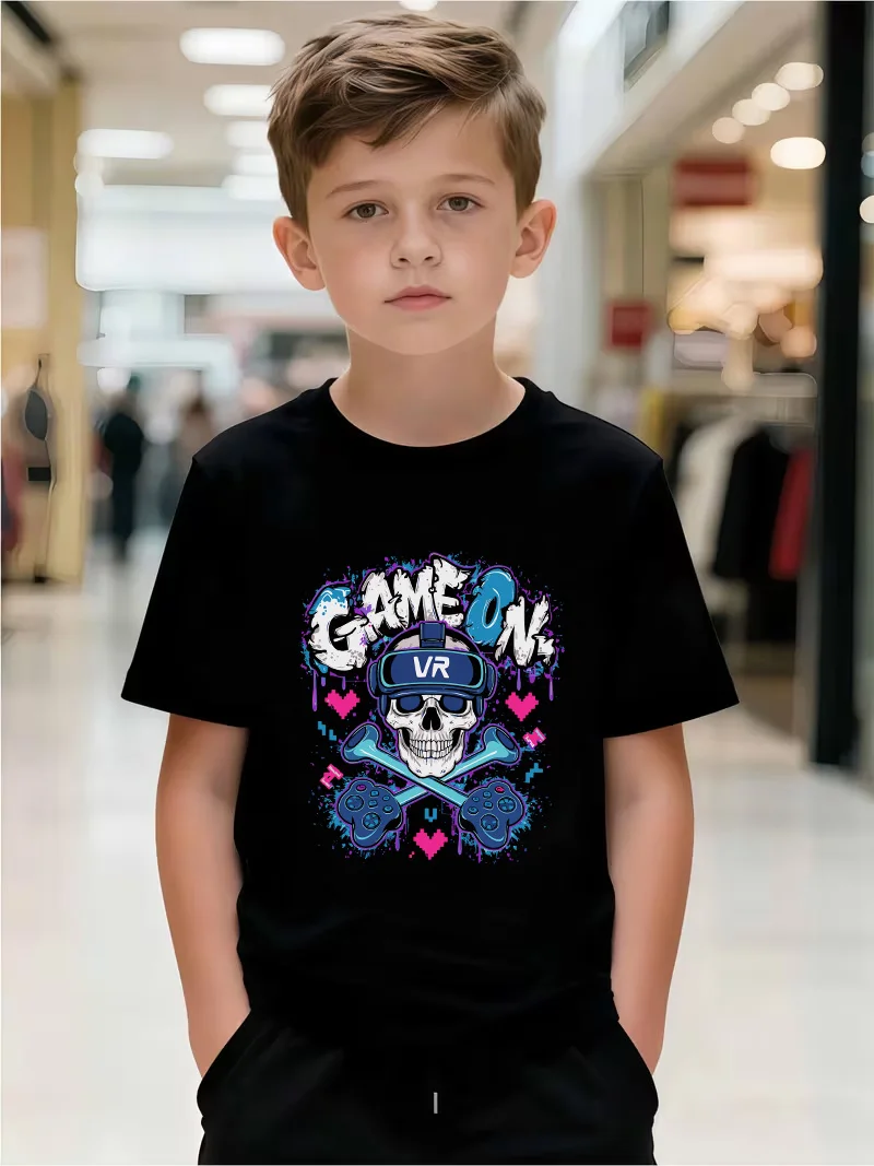 Camiseta estampada Game On Vr Skeleton Controller Game Console para crianças - Top multiuso elegante e casual de verão