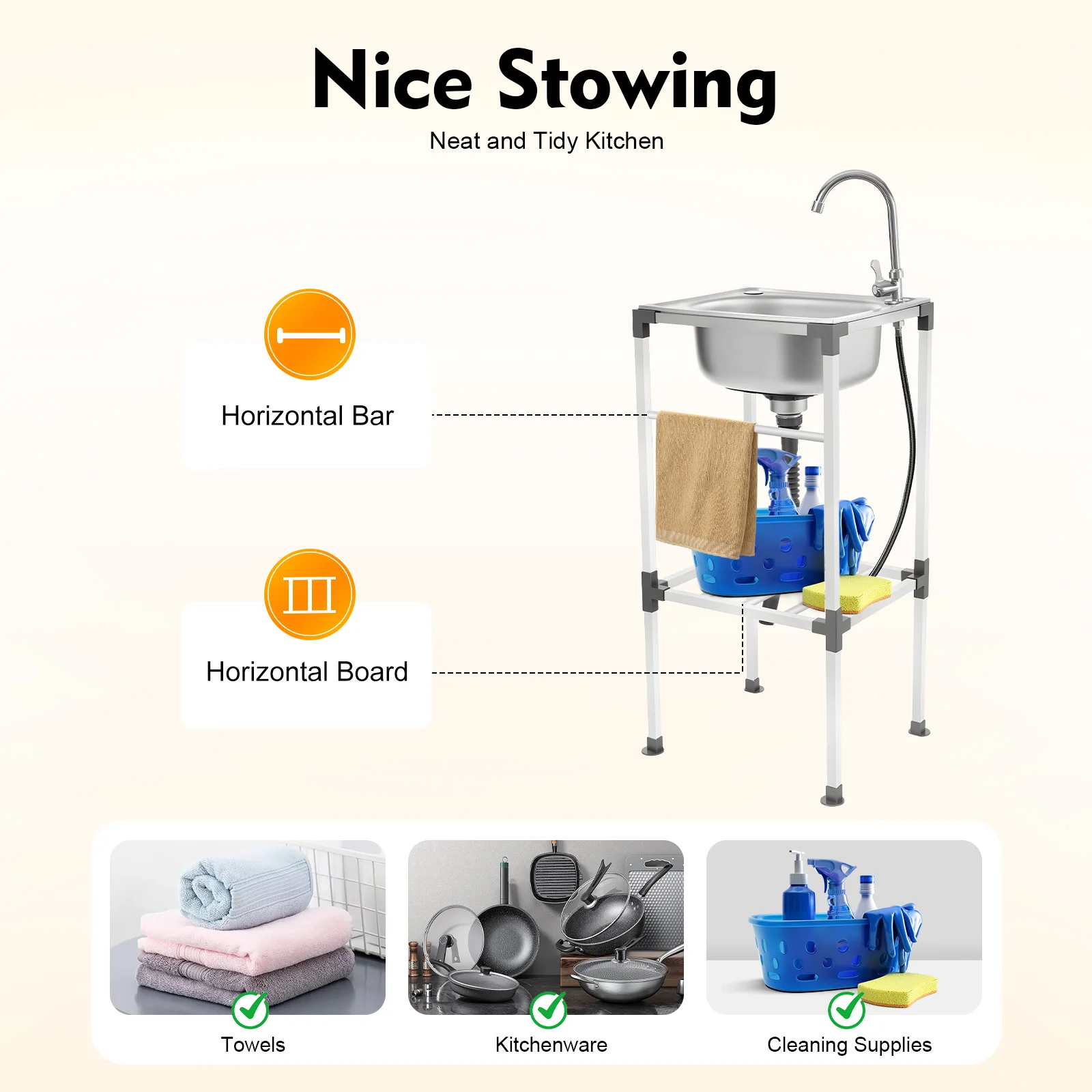 حوض مطبخ قائم بذاته من الفولاذ المقاوم للصدأ 60 سم حوض متعدد الاستخدامات مع صنبور لبار مطعم الغسيل المرآب، سعة كبيرة