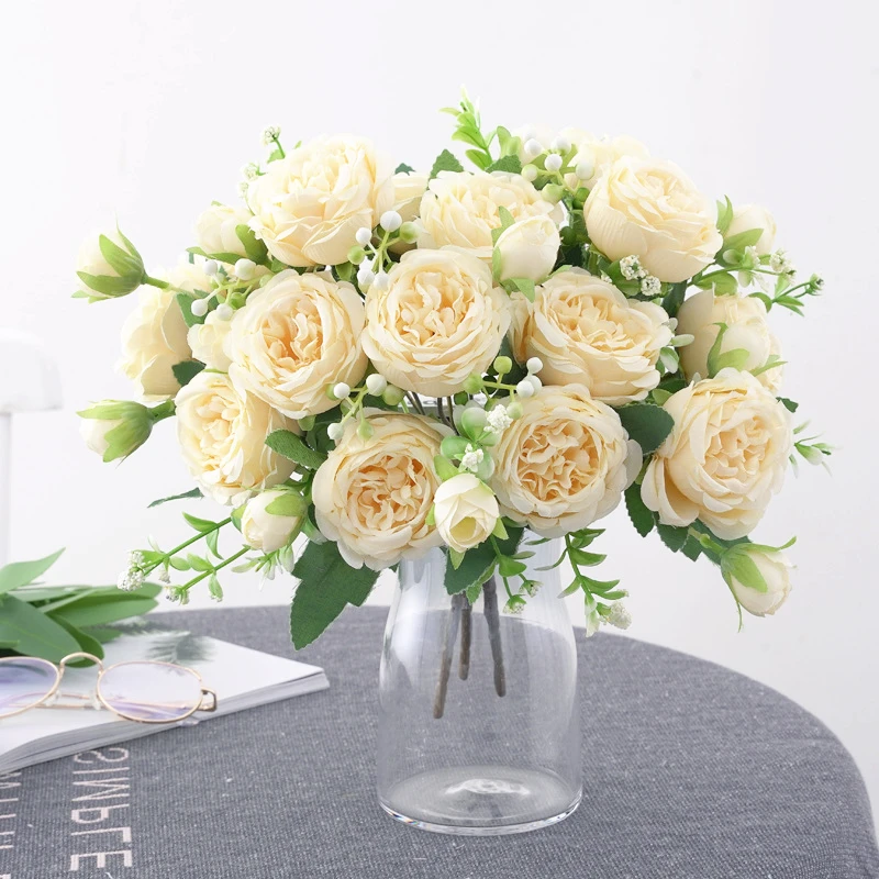 

White Silk Artificial Roses Flowers Wedding Home Autumn Decoration High Quality Big Bouquet Luxury Fake Flower Arrangement Bulk