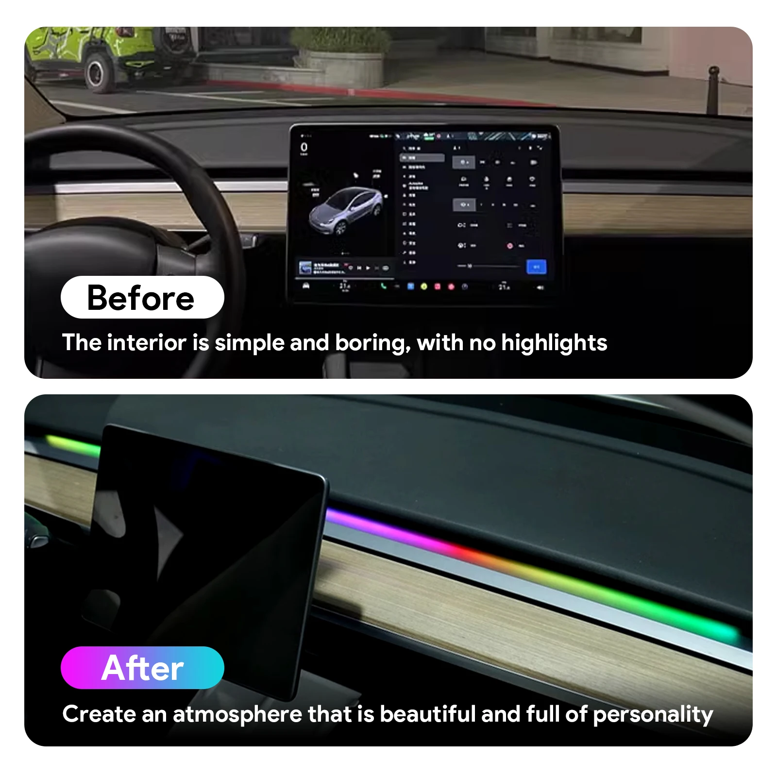 For Tesla Model 3 Y Juniper 2019-2026 USB Port Ambient Light Below Dashboard Windshield APP Bluetooth Controlled Colorful Access