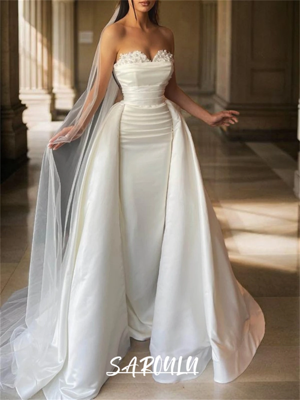 figuring out dress size Gorgeous Long Princess Sweetheart Beading Pearl Satin Wedding Dress with Sleeves