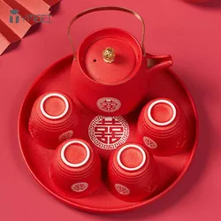 YMEEI Chinese Traditional Red Wedding Teapot Ceramics Exquisite Tea Pot and Cup Set Porce Kettle Luxury Gift For Bride and Groom