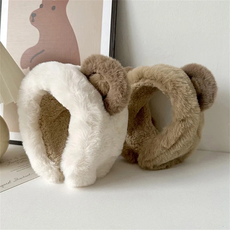 Cartoon Plush Bear Ears Earmuffs Korean Fluffy Thickened Warm Hair Band for Girls Makeup Hair Hoops Fashion Earflap Headphones