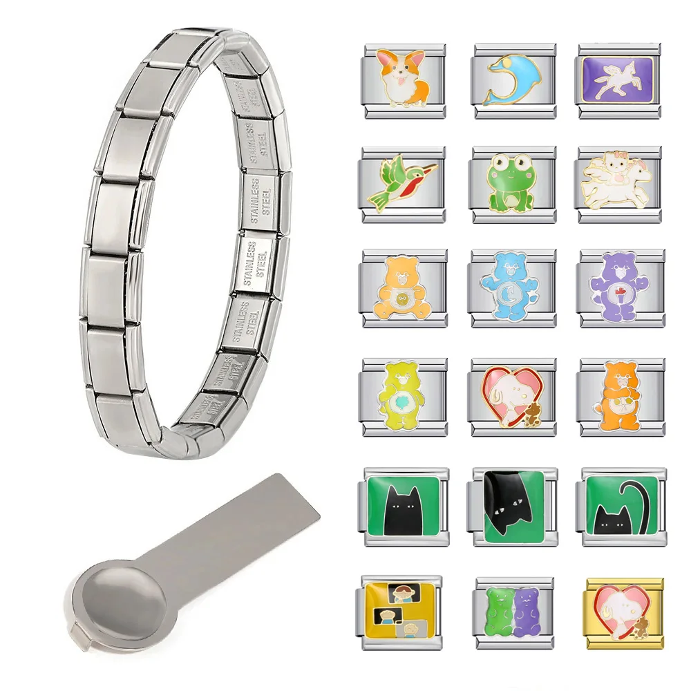 Pulsera de eslabones con dijes para mujer, bonito oso, perro, Rana, delfín, gato negro, cadena de mano elástica italiana de acero de 9mm, bricolaje, regalos de joyería