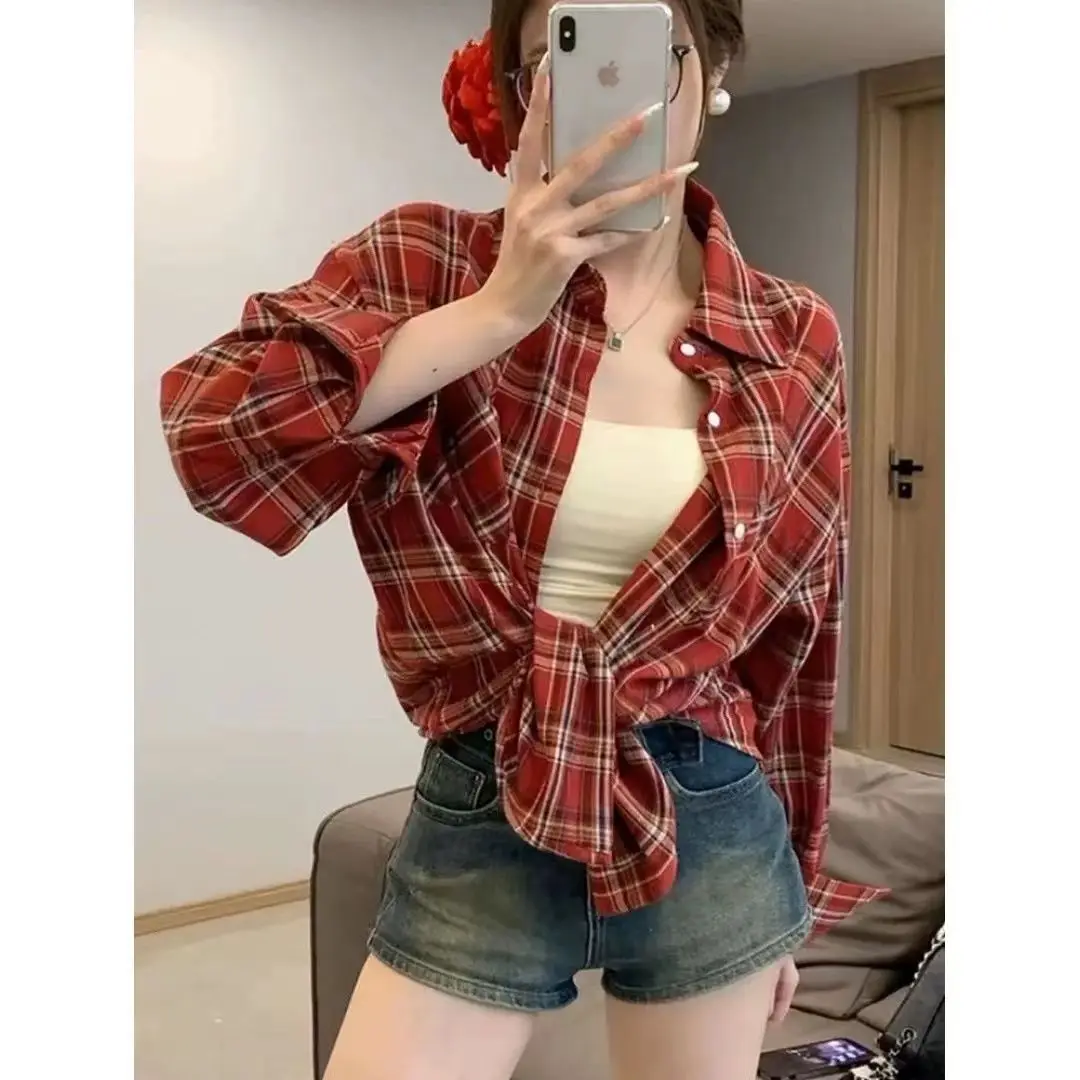 

VeraF CA Loose Fit Long Sleeve Red Plaid Shirt Women's Spring Autumn plus Size Versatile Mid-Length Casual Outerwear