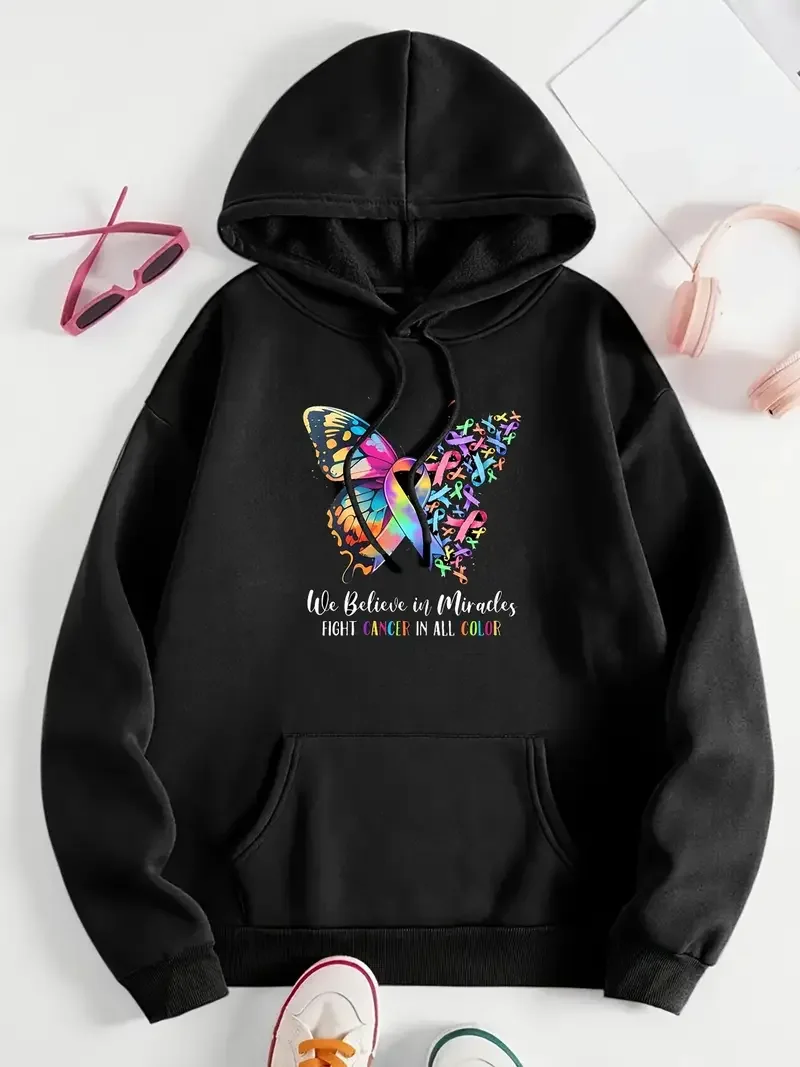 Plus-Size-Sweatshirt „We Believe In Miracles Fight In All“ Farb-Hoodie Leichter Stretch-Sportstil Bester Herbst-Winter-Option