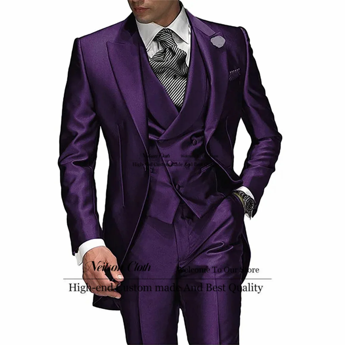 

Fashion Purple Tailcoat Male Prom Blazers 3 Pieces Sets Peaked Lapel Groom Wedding Tuxedos Slim Fit Groomsmen Costume Homme