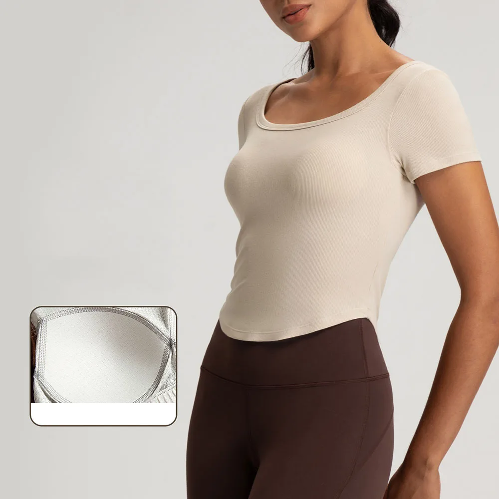 

Women's Summer Yoga Top with Built-in Bra, Mesh Back, Short Sleeve, Breathable Running Gym Workout T-Shirt