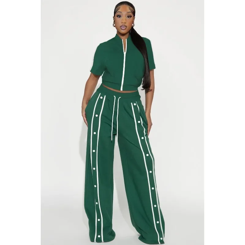 

GUWU Осенний спортивный женский комплект с коротким рукавом на молнии и широкие брюки для бега, комплекты из 2 предметов 2025, комплекты одежды из двух предметов