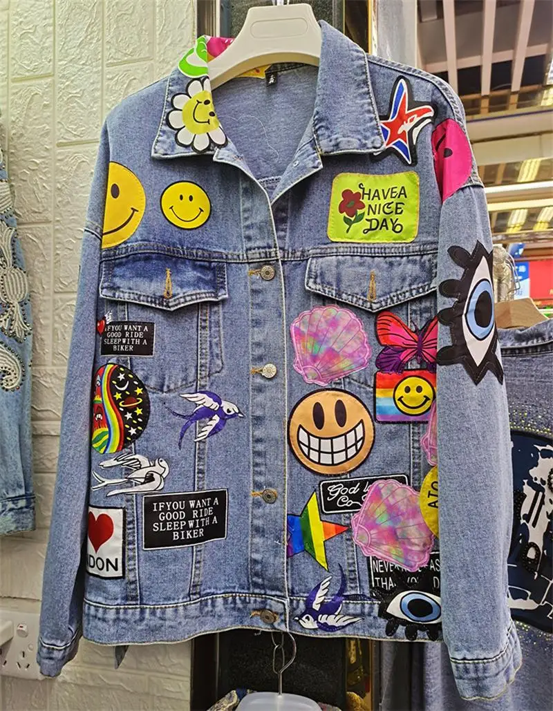 Stylewomen's Denim Jacketwomen's New Spring And Autumn New Hot Selling Street INS Punk Cartoon Personality Patch Washed Denim Ja