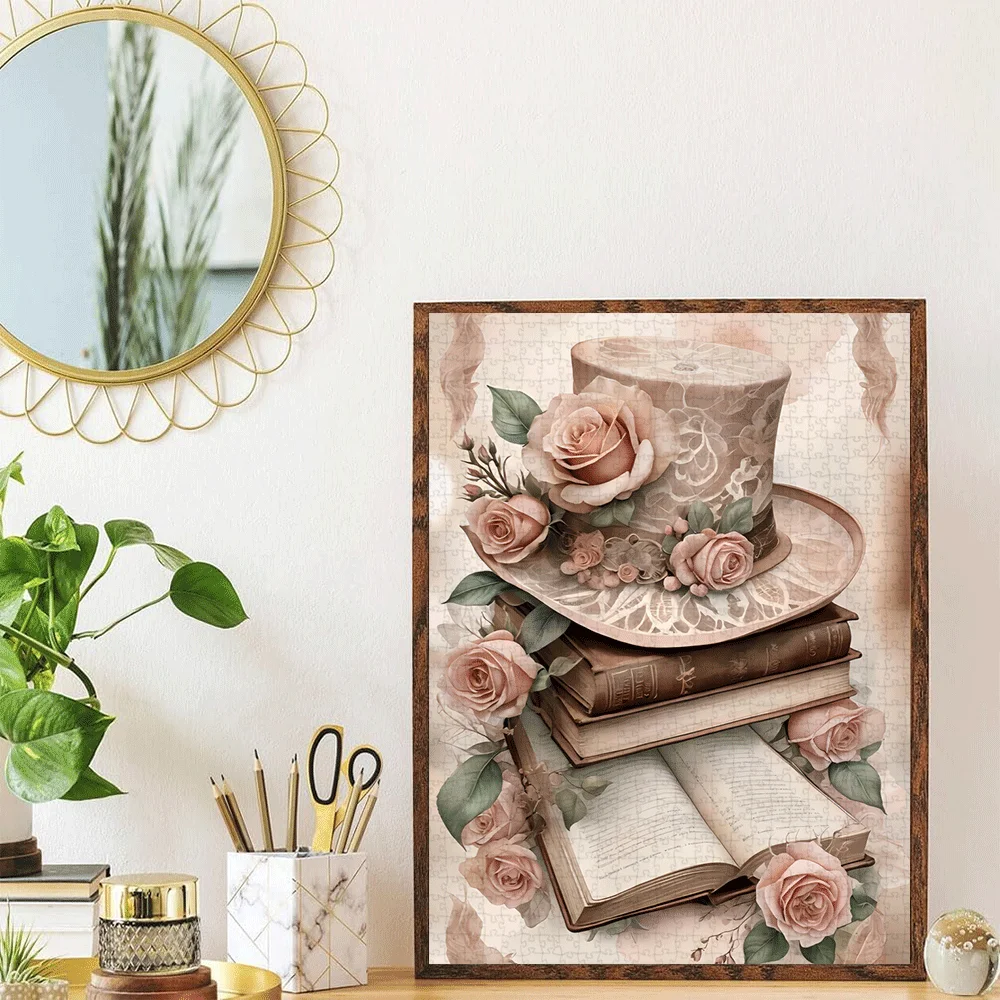 Puzzle 1000 elementów: Kapelusz z wiktoriańską koronką i róża - wzór w stylu vintage z miękkimi pastelowymi kolorami (beżowy, różowy, brązowy)