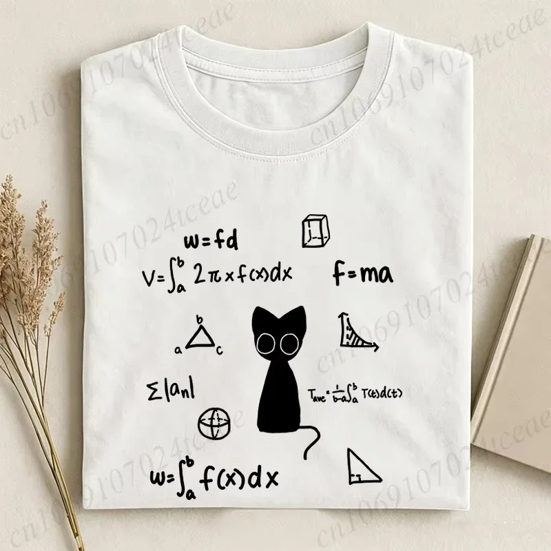 100% pure cotton summer men's and women's short sleeved T-shirt cartoon black cat mathematical pattern printed hip-hop casual