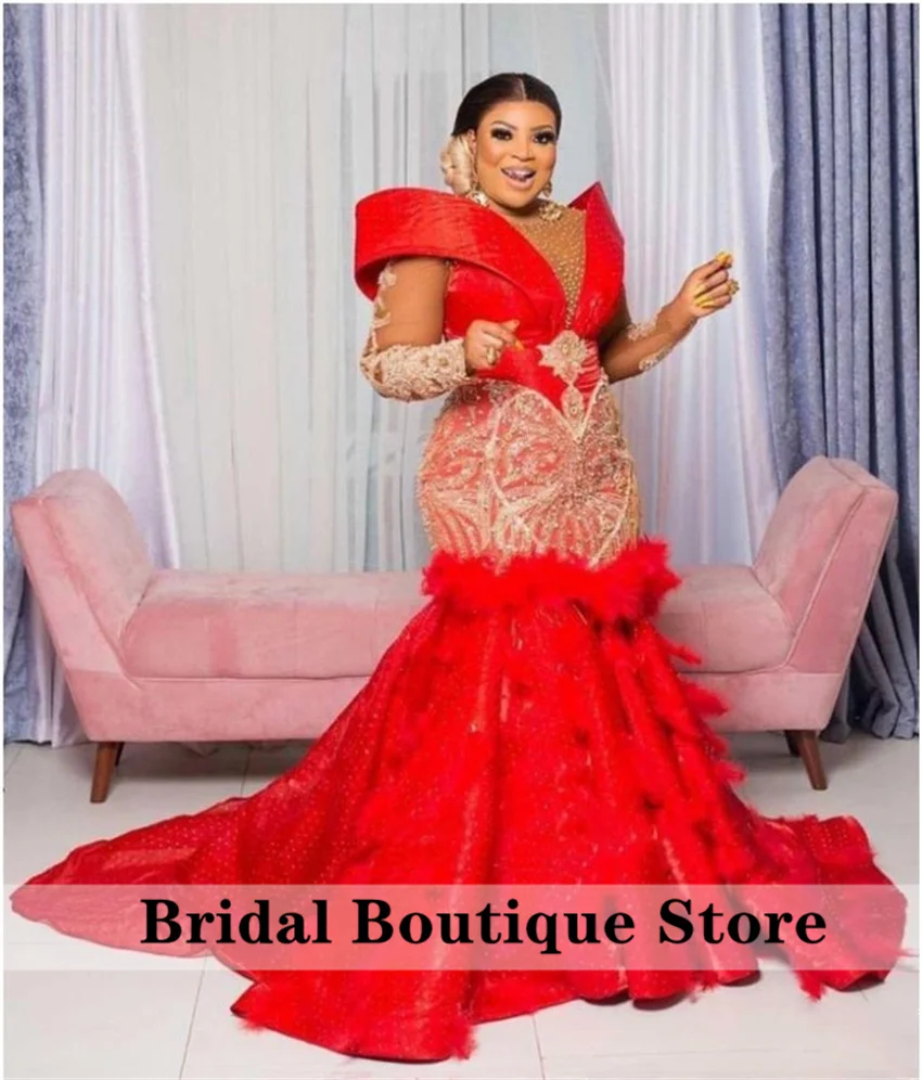 Luxury Red Mermaid Evening Dresses Long Sleeves Bead Diamond Pearls Feathers Birthday Dress Formal Prom Party Aso Ebi Customized