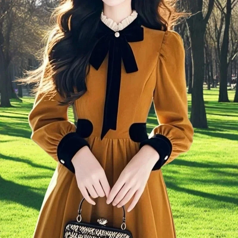 2025 가을 겨울 신상 루즈핏 벨벳 고급 드레스 프랑스 귀족 기질 롱 스커트 키높이/키짧은 여성용