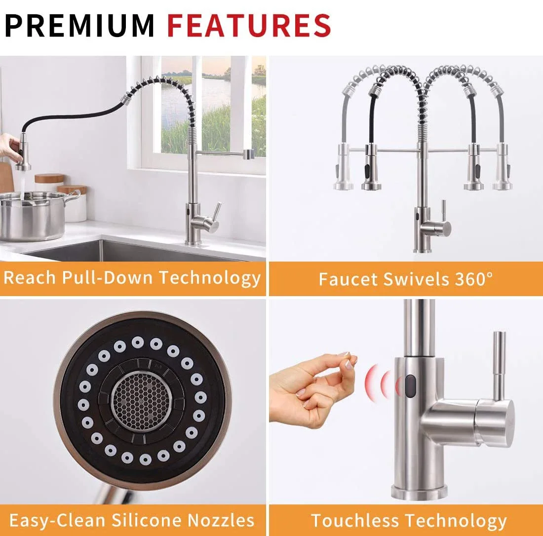 China Factory Wholesale Price Pull Out Automatic Smart Faucet Sensor brushed Nickel brush Touch On Kitchen FaucetsLocal stock