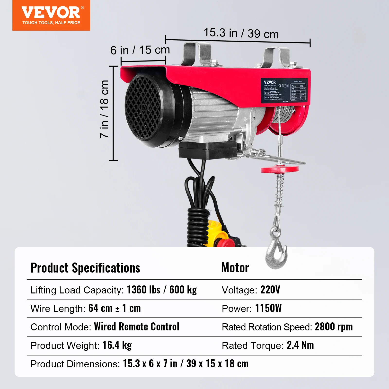 SucceBuy 880/1760/2640lbs bedrade elektrische takel met 40ft hefhoogte en zuiver koperen motor elektrische staaldraadlier voor garage