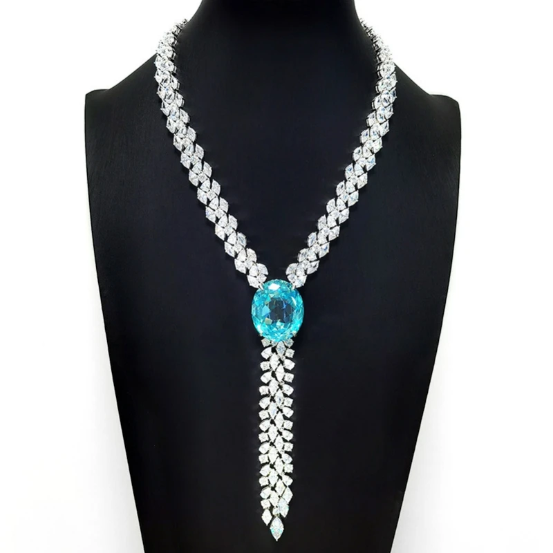 

BELLUX Luxury Elegant S925 Artificial Sapphire Paraiba Blue Pigeon Egg Tassel Necklace Fine Women's Banquet Necklace