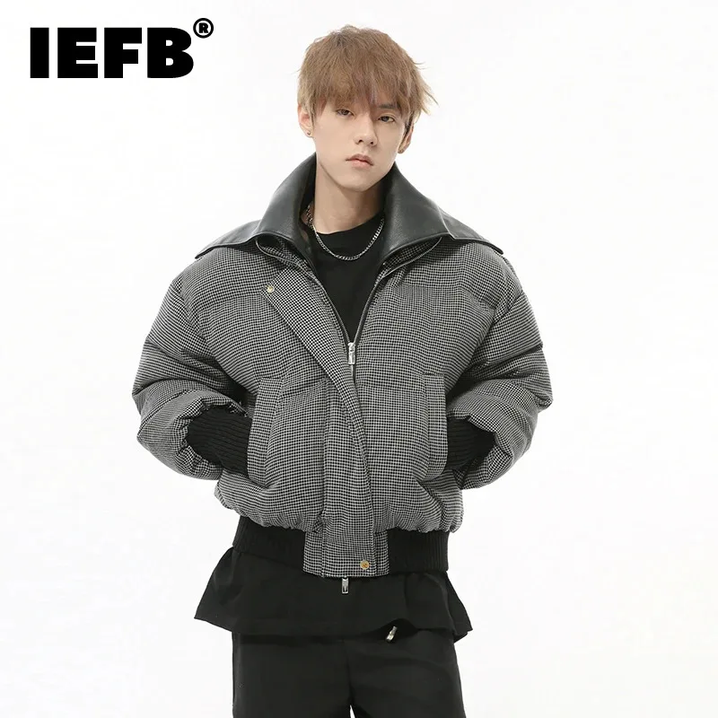 IEFB Korean Style Men's Padded Jackets PU Leather Patchwork Plaid Turn-down Collar Thickened Short Male Coats Fashion 9C8487