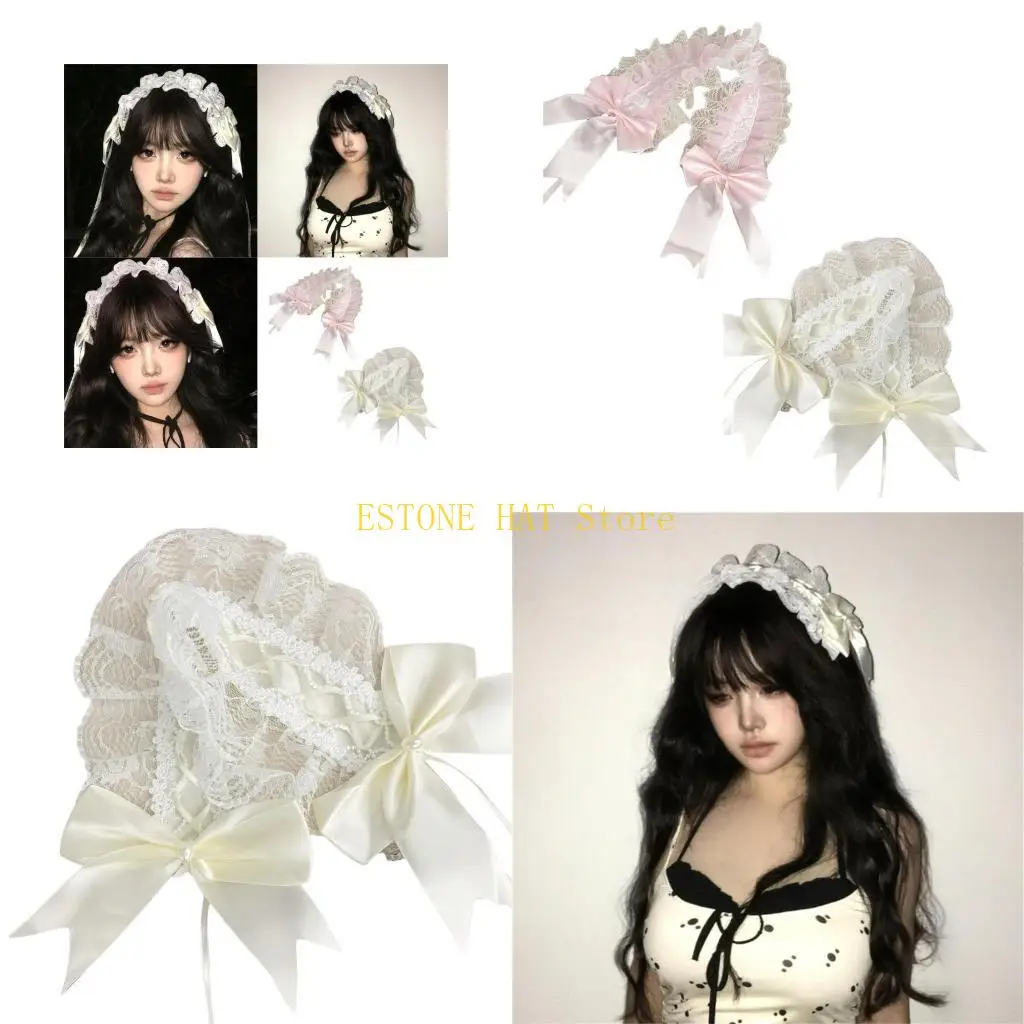 49mf Subkulturen Spitze Trim Haarband Anime Kostüm Haarband für Frauen Girl Party Headwrap 2000er Jahre Süßes Spitzen breites