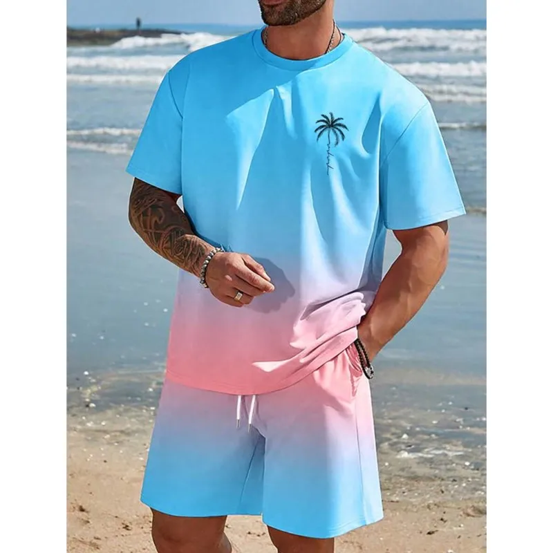 

Hawaiian Style Men's T-shirt Beach Pants Suit Daily Casual Stylish Men Short-sleeved Top Outdoor Vacation Man Athletic Short