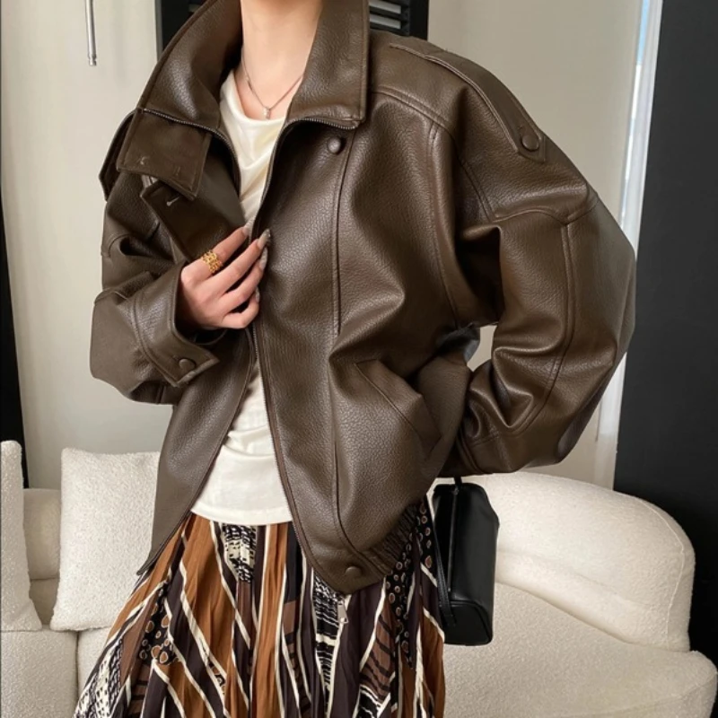

Women Faux Leather Coats Solid PU Jacket Stand Collar Long Sleeves Zipper Loose Fit Casual Office Lady Streetwear 2026 Spring